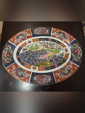 Large Authentic 70s Taous al-Hurr Peacock Platter Moroccan Heritage Porcelain